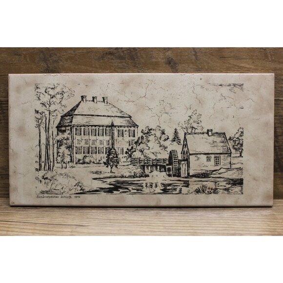 German vintage painted ceramic art tile Schonebecker Castle 1895 by Grohn‎ - Picture 1 of 11